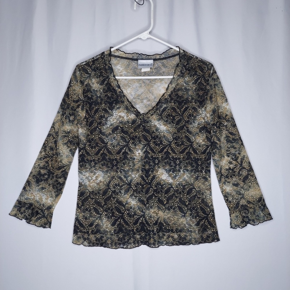 Fashion Bug Sheer Lace Top Women Medium 3/4 Flare Ruffle Vtg 90s Witchy Romantic